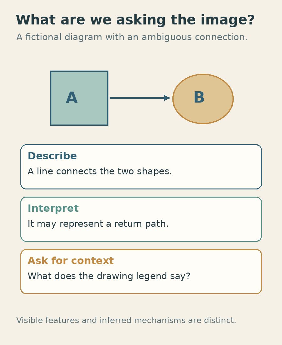 An invented diagram illustrates three distinct requests: describe a visible feature, interpret it, or ask for missing context.